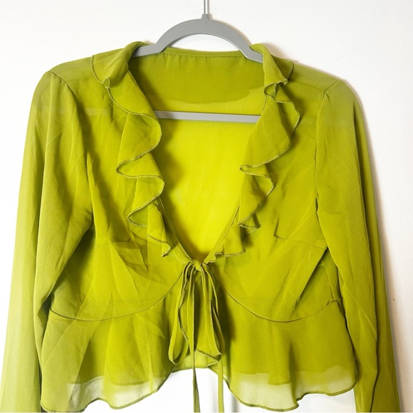 Women’s Long Sleeve Tie Front Cardigan Sheer Mesh Ruffles top - Picture 6 of 12